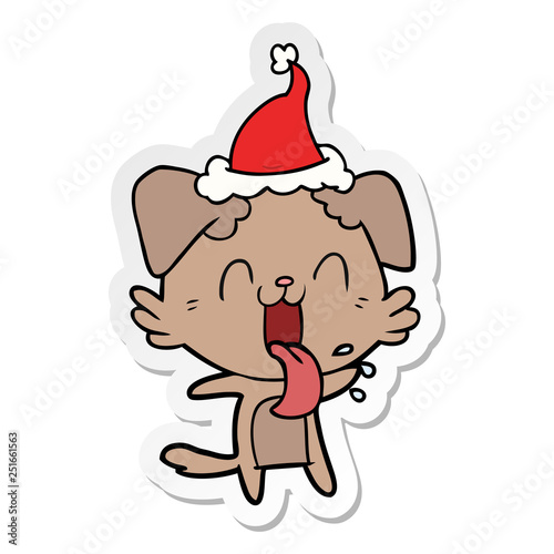 sticker cartoon of a panting dog wearing santa hat