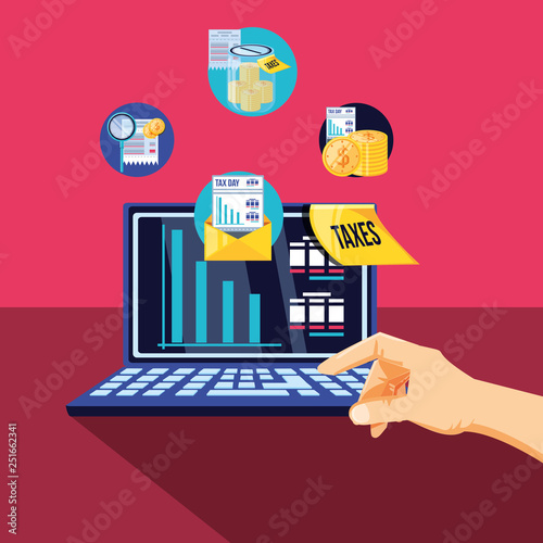 tax day with laptop computer and set icons