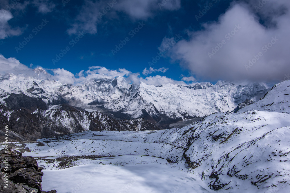 Landscape view of glacier lake near the track..View from Kongma La pass.  Sagarmatha (Everest) National Park, Nepal.