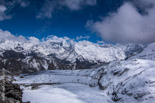 Landscape view of glacier lake near the track..View from Kongma La pass. Sagarmatha (Everest) National Park, Nepal.