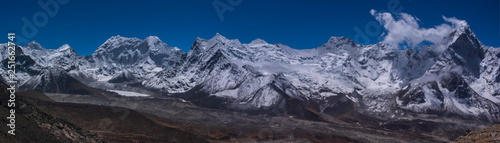 Panoramic view of Ama Dablam peak in the right and Island peak and lake Imja  in the left. Blue sky  daylight.  Sagarmatha  Everest  National Park  Nepal.