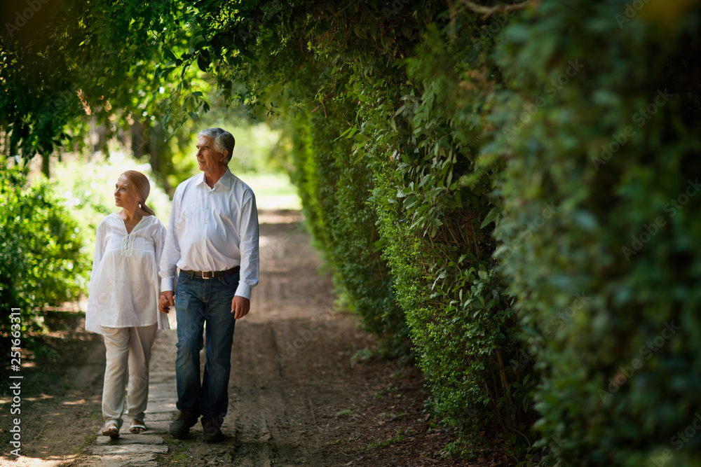 Mature couple walking down country road holding hands. Mature couple walking down country road holding hands.