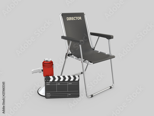 3d Illustration of movie director chair with clapperboard and megaphone photo