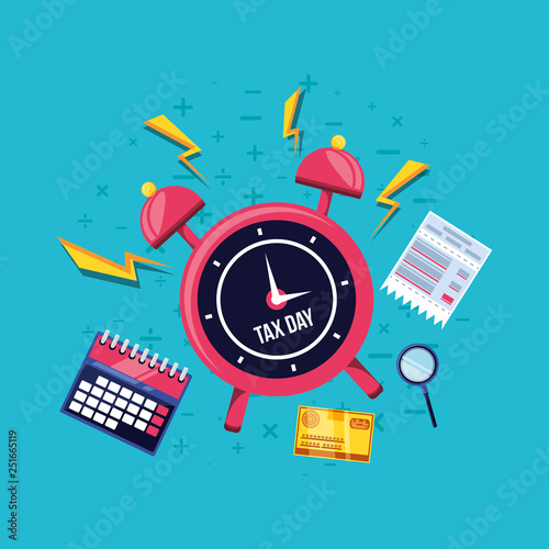 tax day with alarm clock and set icons