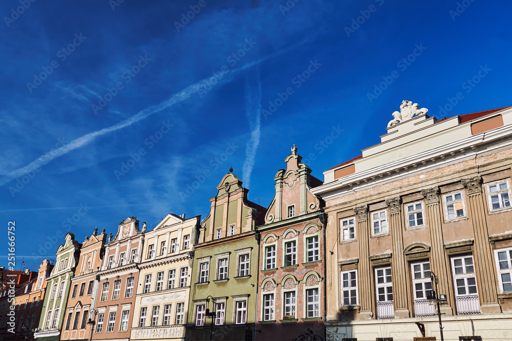 facades of historic houses on the Old Market Square in Poznan.