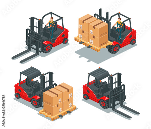 Isometric image of forklift truck with a driver and pallet with boxes. Front view. 3d effect vector illustration isolated on white background. Set.