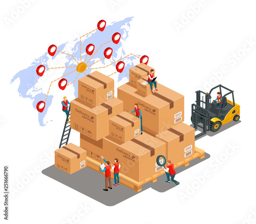Isometric illustration of delivery and logistics concept. Warehouse with boxes, people and forklift truck. Worldwide cargo industry. Vector