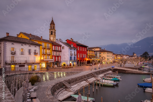 Ascona Old Town and port on Lago Maggiore lake in swiss Alps mountains