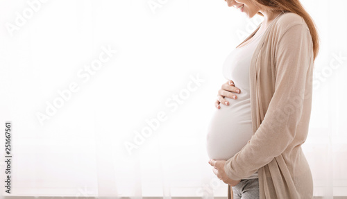 Canvas Print Beautiful pregnant woman hugging her tummy at home