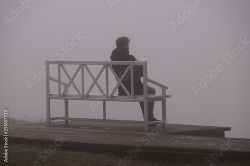the person on the bench in the fog