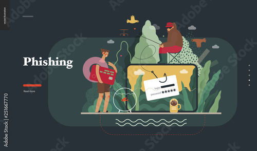 Technology 2 - Phishing - flat vector concept digital illustration of phishing scam metaphor. Hacker fraud protection, password steal, data phishing. Creative landing web page design template