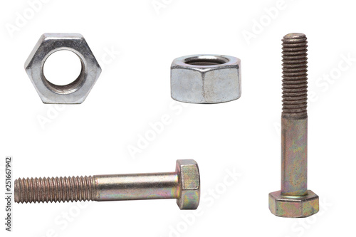 nut and bolt on different sides on white background.