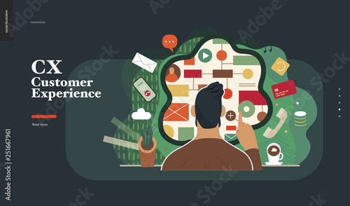 Technology 2-CX customer experience - modern flat vector concept digital illustration of user or customer experience, a user in front of interface. Creative landing web page design template