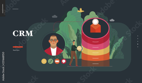 Technology 2 - CRM Customer Relationship Management - modern flat vector concept digital illustration of data collecting from user and providing result data. Creative landing web page design template