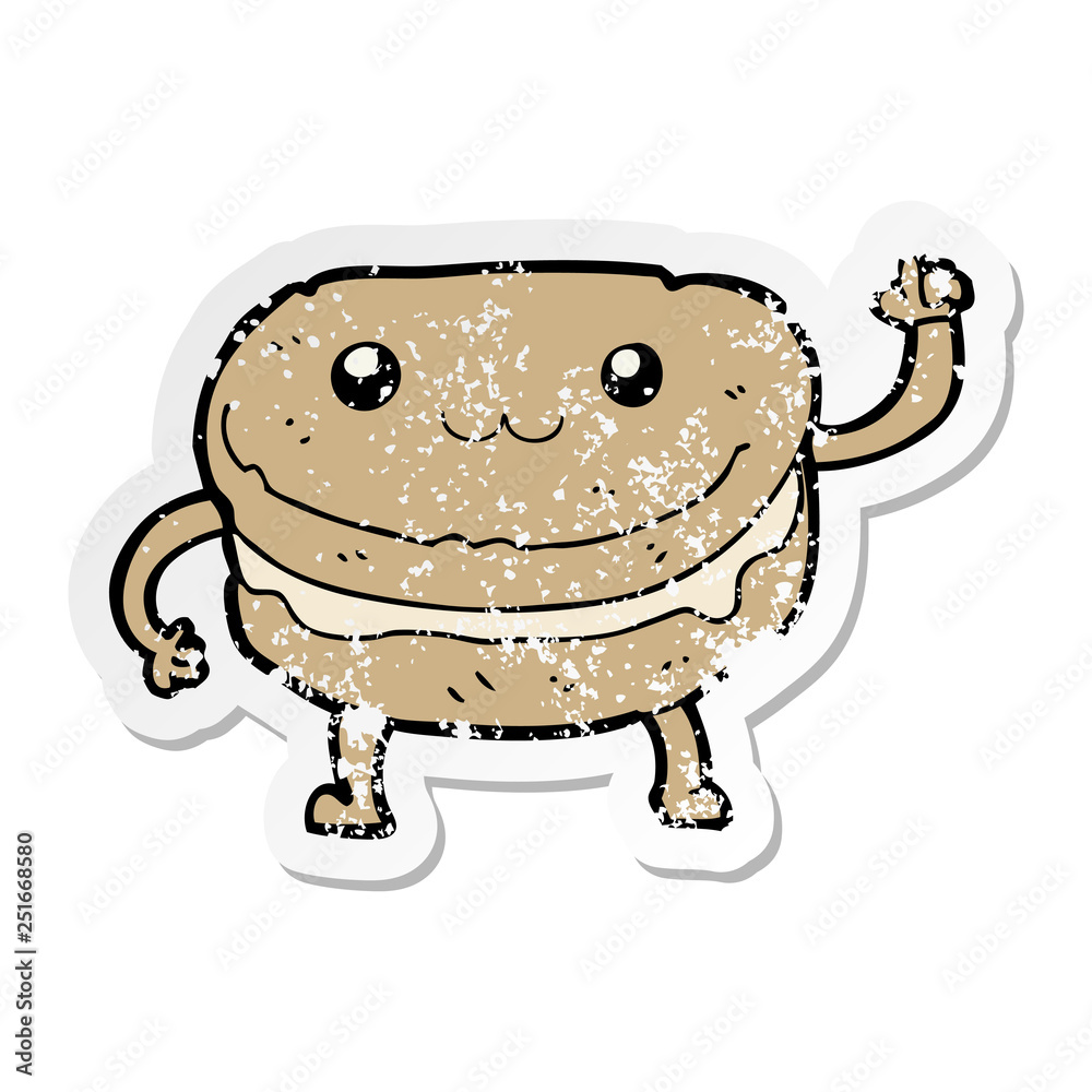 distressed sticker of a cartoon waving cake character distressed sticker of a cartoon waving cake character
