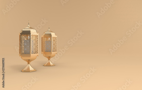 Canvas Print Golden lantern with candle, lamp with arabic decoration, arabesque design