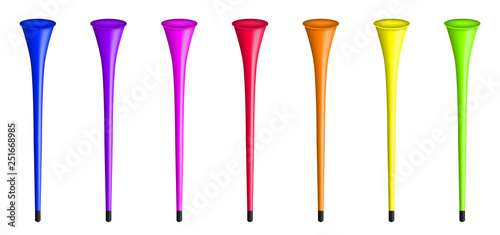 Creative vector illustration of vuvuzela trumpet, pipe, bugle for soccer, football fan isolated on transparent background. Art design abstract concept graphic sport play element