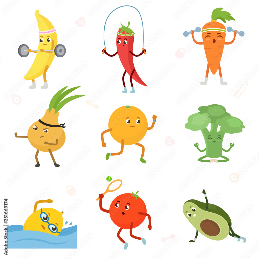 Fruits and vegetables are play sport. Fitness fruit. Cartoon characters set. barbell, jump rope, kettlebell, martial art, running, yoga, swimming, tennis, plank. Isolated vector illustration Fruits and vegetables are play sport. Fitness fruit. Cartoon characters set. barbell, jump rope, kettlebell, martial art, running, yoga, swimming, tennis, plank. Isolated vector illustration