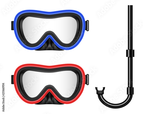 Creative vector illustration of scuba diving, swimming mask with snorkel, goggles, flippers isolated on transparent background. Art design realistic snorkeling diver equipment for summer holidays