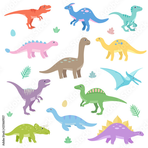 Fototapeta Naklejka Na Ścianę i Meble -  Cute dinosaurs set. Funny cartoon dinosaur. Isolated vector illustration