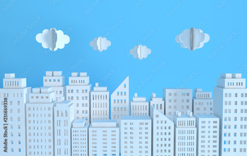 White paper skyscrapers and clouds. Achitectural building in panoramic view. Modern city skyline building industrial paper art landscape skyscraper offices. 3d rendering illustration