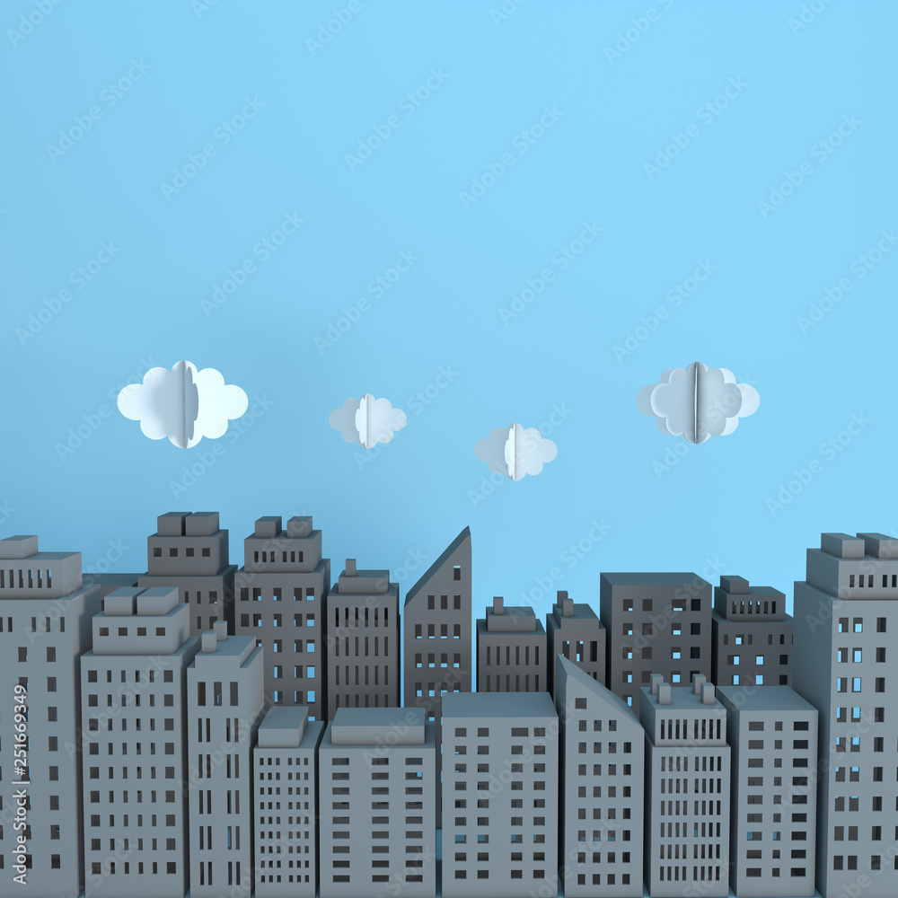 Grey paper skyscrapers and clouds. Achitectural building in panoramic view. Modern city skyline building industrial paper art landscape skyscraper offices. 3d rendering illustration