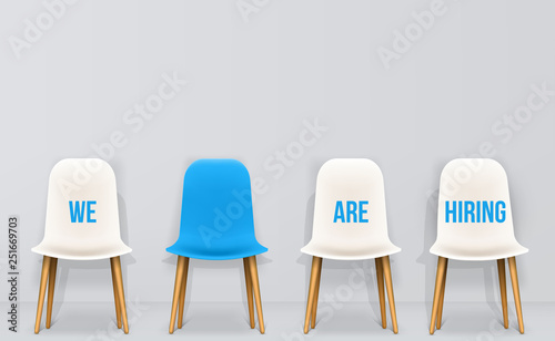 Creative vector illustration of we are hiring - recruiting concept, resources job employment career jobless interview, chairs isolated on background. Art design template. Abstract graphic element