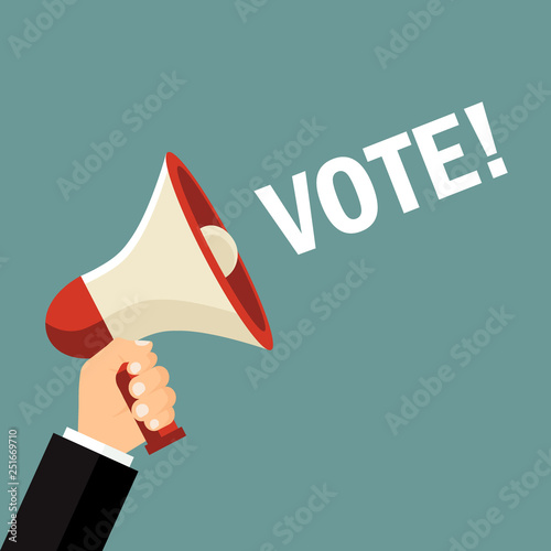 Hand Holding Megaphone With VOTE Announcement. Flat Vector Illustration