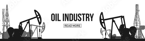 Creative vector illustration of oil pump industry silhouette, field pumpjack, rig drill over sunset isolated on background. Art design template. Abstract concept graphic equipment element