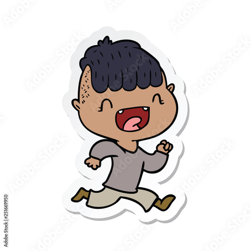 sticker of a cartoon happy boy laughing and running away