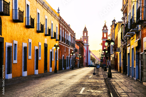 Morning streets in colonial city Puebla, Mexico photo