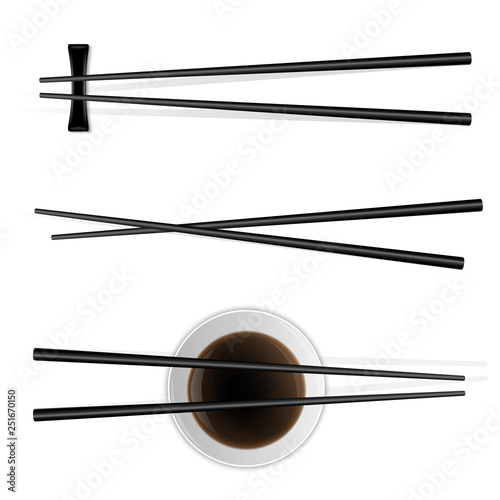 Creative vector illustration of sushi food chopsticks set with soy sauce isolated on transparent background. Art design traditional asian bamboo utensils template. Abstract concept graphic element