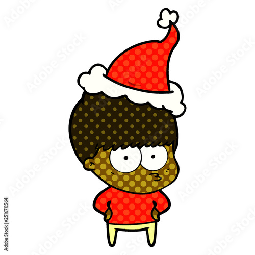 nervous comic book style illustration of a boy wearing santa hat