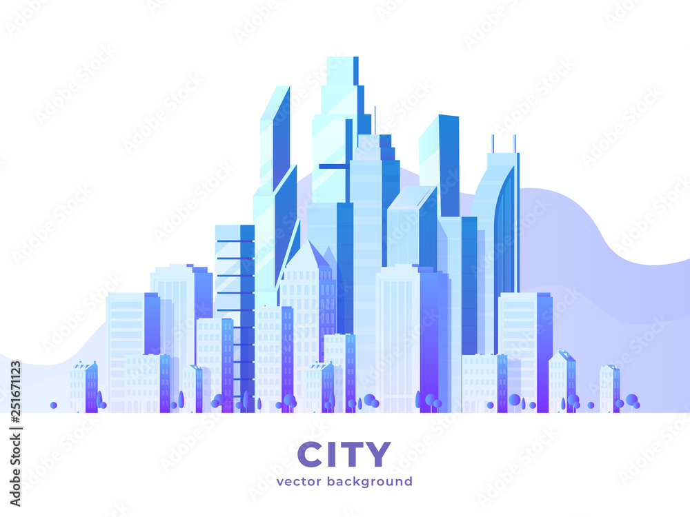 Vector horizontal illustration of big city and skyscrapers with clouds