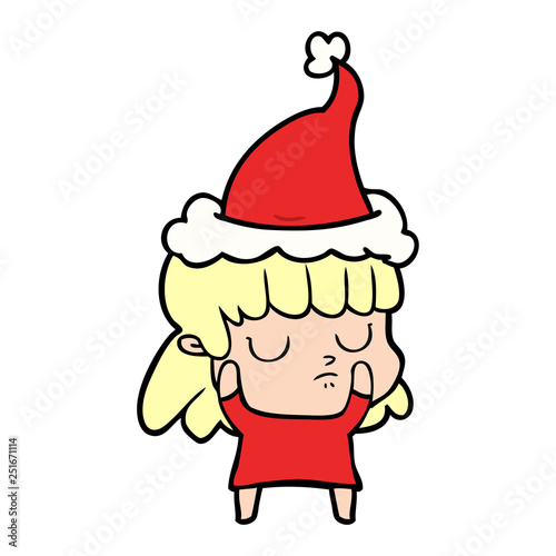 line drawing of a indifferent woman wearing santa hat