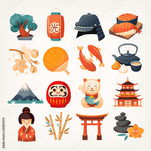 Set of Japanese travel icons. Symbols of the island. Various sights and famous elements from all parts of the island. Isolated vector illustrations.