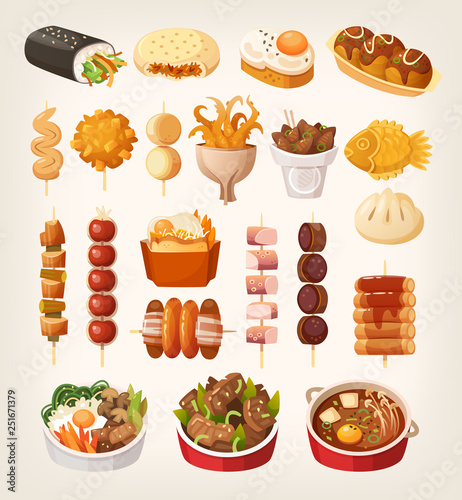 Set of fresh delicious fast foods from asian streets. Variety of snacks. Vector illustrations.