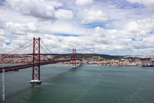 Panoramic view of Ponte 25 de Abril, long bridge in Lisbon