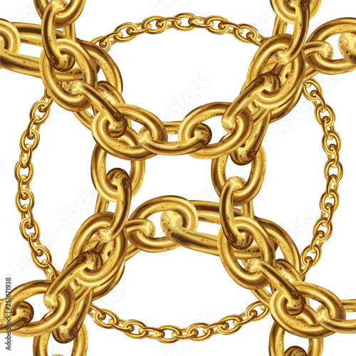 Seamless pattern with gold chains for fabric design on black background. Baroque golden illustration. 