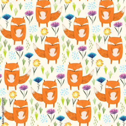 Childish seamless pattern with cute sketchy orange foxes, colorful flowers and grass. Childish summer hand drawn foxy texture for kids design, wallpaper, textile, wrapping paper