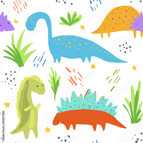 Cute bright seamless pattern with sketchy colorful dinosaurs on white background. Childish texture with diplodocus  tyrannosaurs  triceratops characters for kids textile  wrapping paper  background