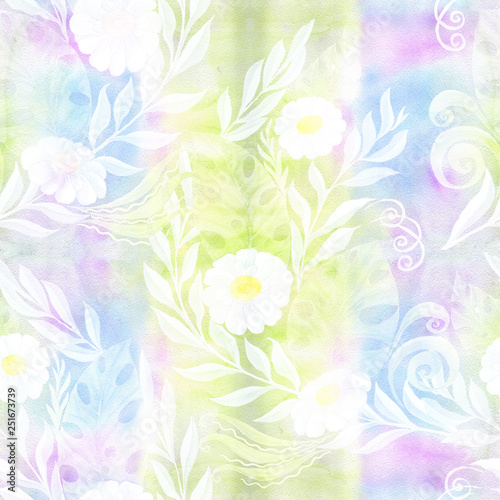 A bouquet of daisy flowers - flowers, leaves on watercolor background. Collage of flowers, leaves on a watercolor background. Decorative composition. Watercolor. Seamless pattern.