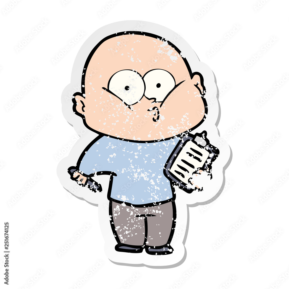distressed sticker of a cartoon bald man staring distressed sticker of a cartoon bald man staring