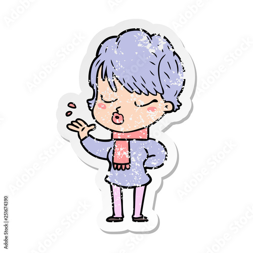 distressed sticker of a cartoon woman with eyes shut