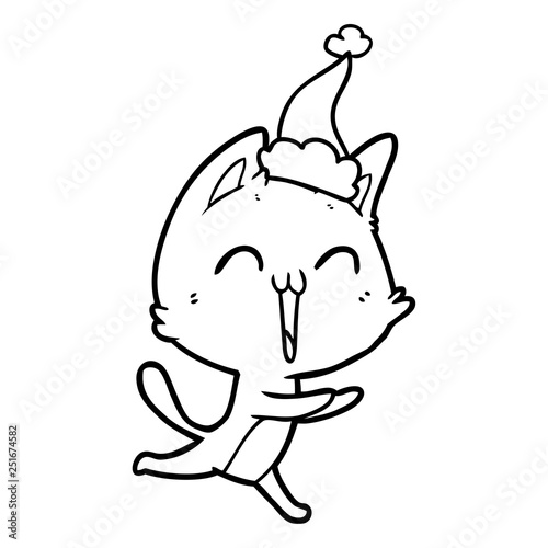 happy line drawing of a cat meowing wearing santa hat