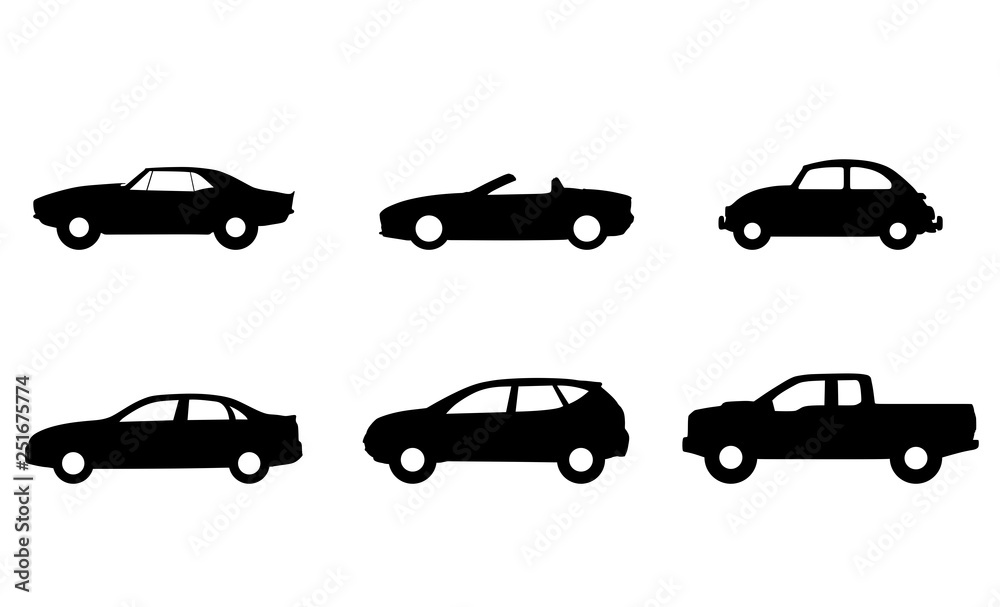 Set of car icons black isolated sign, symbol in flat style