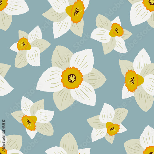 Seamless pattern with white daffodils on a blue background. Floral background. Vector illustration.
