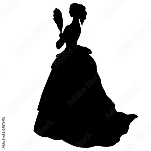 Delicate female silhouette in antique ball gone with fan. Curly hair, slim figure. Vintage evening dress, fluffy skirt, corset. Romantic woman character, bride. Pretty model design for print, cards