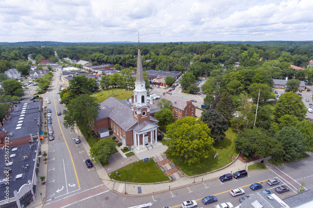 Aerial view of Wellesley Congregational Church and town center, Wellesley, Massachusetts, USA.