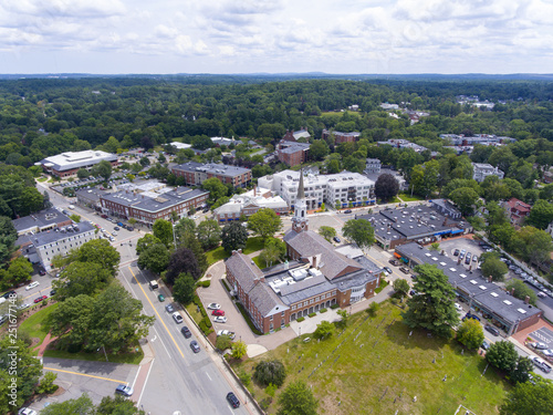 Aerial view of Wellesley Congregational Church and town center, Wellesley, Massachusetts, USA. photo